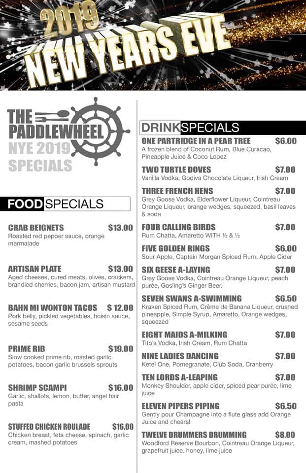 Menu for New Years Eve at The Paddlewheel