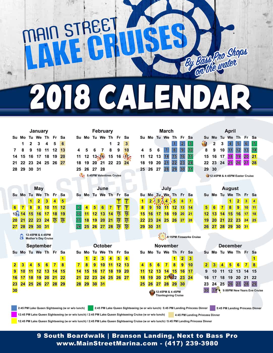 Main Street Lake Cruises 2018 Calendar