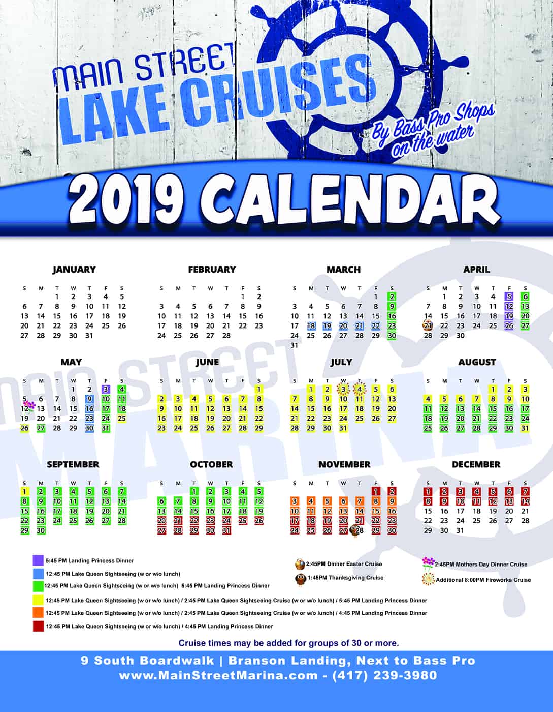 Main Street Lake Cruises 2019 Calendar